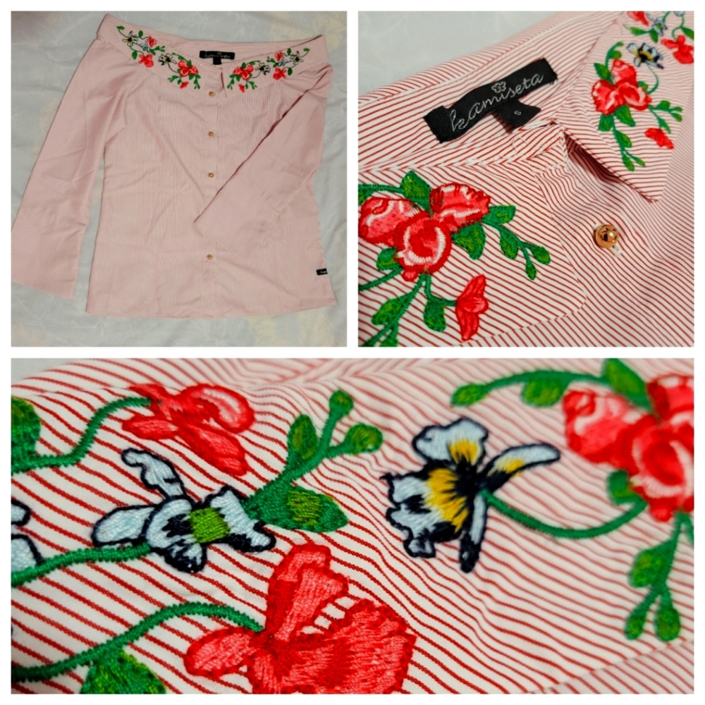 Kamiseta off-the-shoulder red button top with floral embroidery